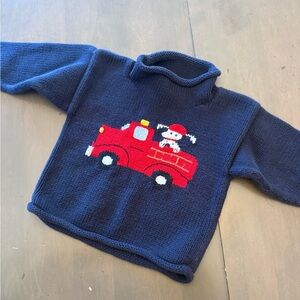 Navy Kids Knit Sweater with Red Fire Truck Graphic